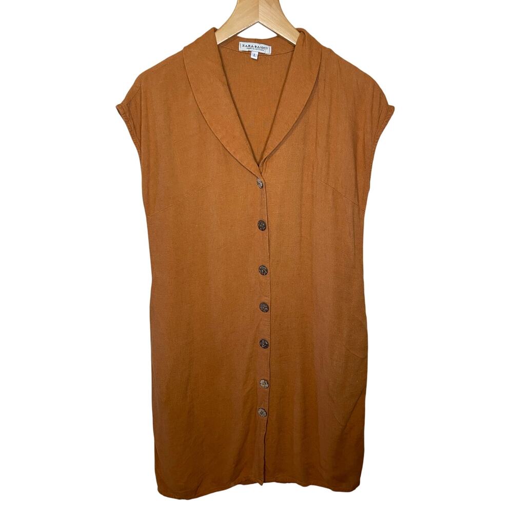 Zara Basics Burnt Orange Button Up Collared Light Weight Mini Sun Dress Large